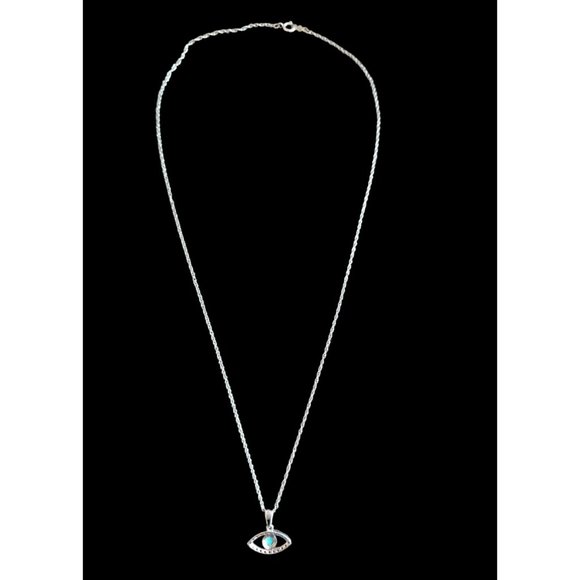 925 Sterling Silver Lab Opal Natural Stone Evil Eye Pendant Necklace 18.5 - Picture 5 of 5